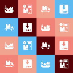 Set pop art Cargo ship with boxes delivery, Home services, Delivery cargo truck and Carton cardboard icon. Vector