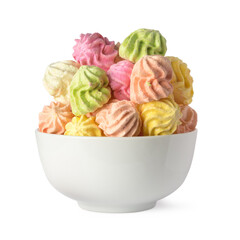 meringue cookies in a bowl, also known as kisses, colorful, light, crunchy sweet snack, isolated on white background