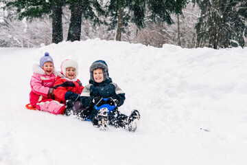 Fototapeta na wymiar Little caucasian kids in bright clothing laughing looking at camera and toboganning on snow covered hill. Full lengh horizontal shot. Selective focus. Happy childhood and active wintertime concept.
