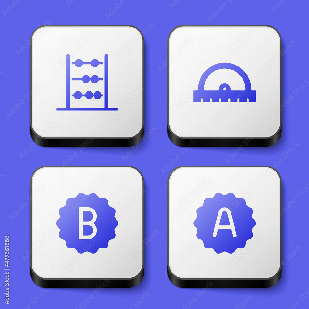 Poster set abacus, protractor grid, exam paper with incorrect answers and sheet plus grade icon. white squa