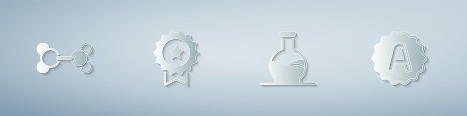 Set Molecule, Medal with star, Test tube and Exam sheet A plus grade. Paper art style. Vector