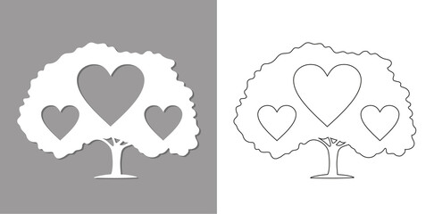 Family tree silhouette with hearts. Laser cutting Vector template.  Mockup for wood carving, cnc, paper cutting, sticker, photo frame. Vector EPS10.