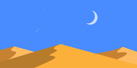 Night desert, starry sky with shooting star and moon, vector, background