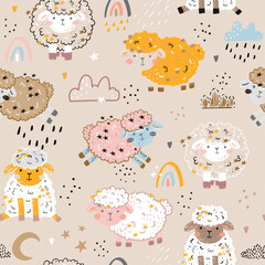 Seamless pattern with cute sheep, moon, clouds. Creative good night background. Perfect for kids apparel,fabric, textile, nursery decoration,wrapping paper.Vector Illustration