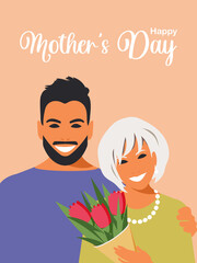 An adult son gives his old mother a bouquet of pink tulips and lovingly hugs her. Mother's Day greeting card design in flat style. Happy family portrait. 