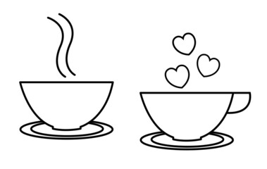 Coffee or tea cup black contour design icon vector image set.