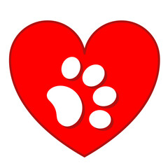 Red heart with paw concept animal care icon symbol.