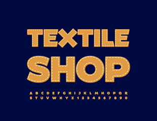Vector modern logo Textile Shop. Yellow fabric Font. Trendy Denim Alphabet Letters and Numbers set