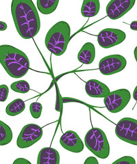 Plant print on a white background. Vector pattern. A flat picture in delicate green and purple shades on a light background. Elements for the design and printing of wallpaper, packaging and T-shirts.