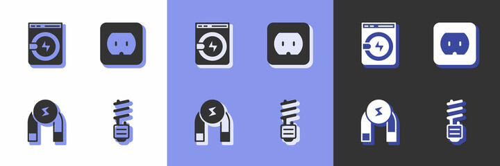 Set LED light bulb, Washer, Magnet and Electrical outlet icon. Vector