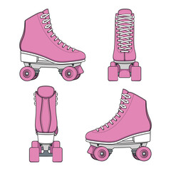 Set of color images with pink rollers, roller quads. Isolated vector objects on a white background. - 479362879