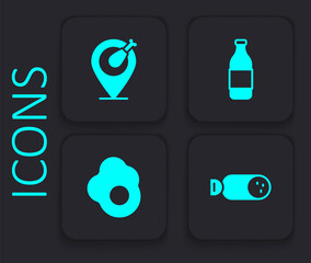 Set Salami sausage, Chicken leg, Bottle of wine and Scrambled egg icon. Black square button. Vector