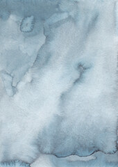 Fototapeta premium Abstract light smoky color watercolor background texture, hand painted. Artistic gray-blue backdrop, stains on paper. Aquarelle painting wallpaper.