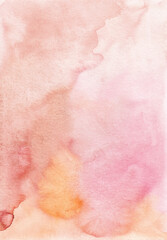 Abstract pastel pink and orange watercolor background texture, hand painted. Artistic light red and yellow backdrop, stains on paper. Aquarelle painting wallpaper.