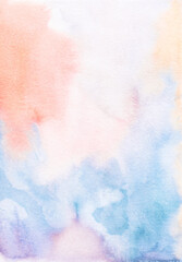 Abstract pastel red, orange and blue watercolor background texture, hand painted. Artistic light backdrop, stains on paper. Aquarelle painting wallpaper.