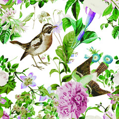 A beautiful and stunning repeated pattern of florals and birds free download perfect for fabrics, t-shirts, mugs, packaging etc