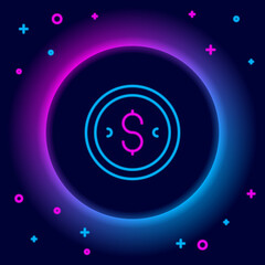 Glowing neon line Coin money with dollar symbol icon isolated on black background. Banking currency sign. Cash symbol. Colorful outline concept. Vector