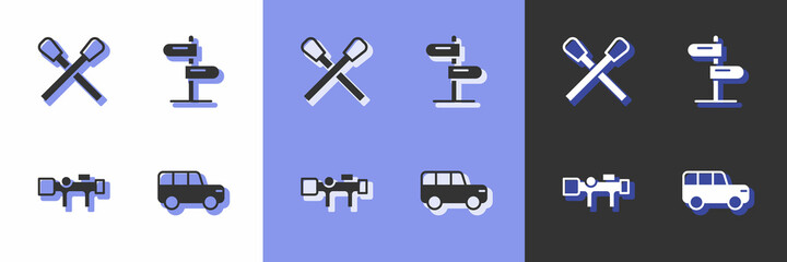 Set Safari car, Burning match with fire, Sniper optical sight and Road traffic sign icon. Vector