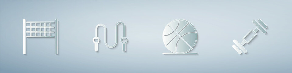 Set Volleyball net, Jump rope, Basketball and Dumbbell. Paper art style. Vector
