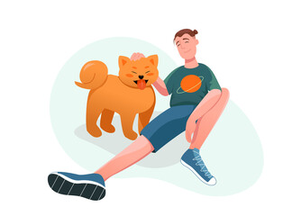 A smiling guy petting a dog. Simple vector illustration.