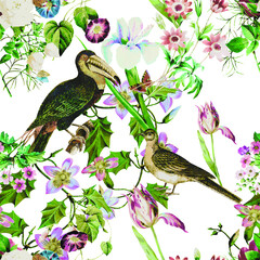 A beautiful and stunning repeated pattern of florals and birds free download perfect for fabrics, t-shirts, mugs, packaging etc