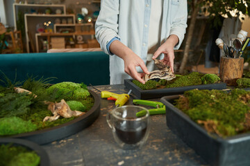 Young creative woman making picture with green plants