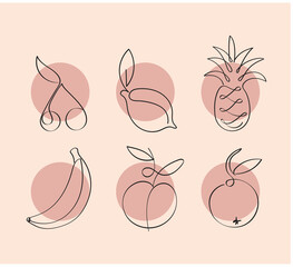 Fruits one continuous line drawing art illustration. Single line drawing of fruit. Minimalistic sketch for logo, posters, wall art, healthy concept
