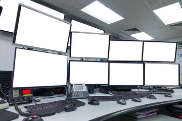 group of blank monitors and screen on security desk or control room for monitor process or stock data trading