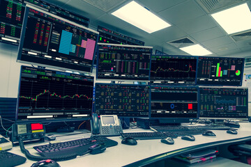 Display of Stock market quotes and chart in monitor computer room with business office equipments...