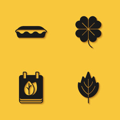 Set Homemade pie, Leaf, Calendar with autumn leaves and Four leaf clover icon with long shadow. Vector