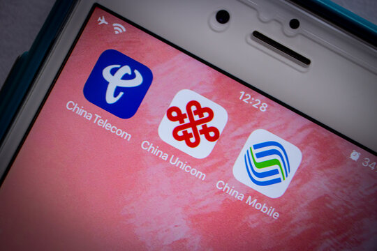 Kumamoto, JAPAN - Mar 10 2021 : The icons of Chinese big 3 mobile and telecommunication carriers (China Telecom, China Unicom and China Mobile) on iPhone.