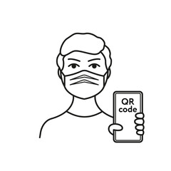 Face mask sign. Lined icon of man with mask and QR-code. QR-code in smartphone. Vector illustration 