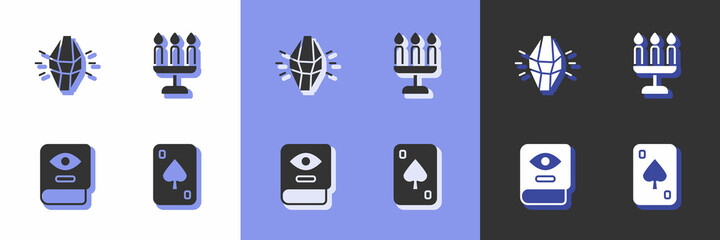 Set Playing cards, Magic stone, Ancient magic book and Candlestick icon. Vector