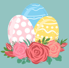 Set of Easter eggs in red flower composition