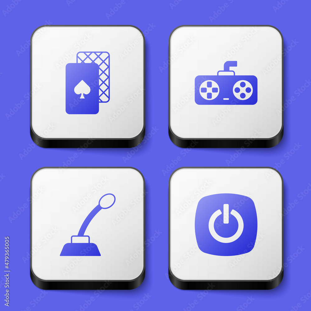 Poster set playing cards, game controller or joystick, microphone and power button icon. white square butto
