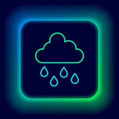 Obraz premium Glowing neon line Cloud with rain icon isolated on black background. Rain cloud precipitation with rain drops. Colorful outline concept. Vector