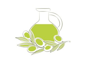 A jug of olive oil and a branch of olive. Stylized monochrome image. Close-up. Vector illustration.