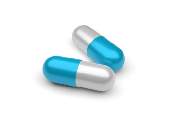 Blue and white capsule pills isolated on a white background. 3d rendering.
