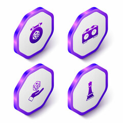 Set Isometric Game dice, Time chess clock, and Chess icon. Purple hexagon button. Vector