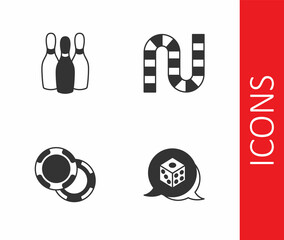 Set Game dice, Bowling pin, Casino chips and Board game icon. Vector