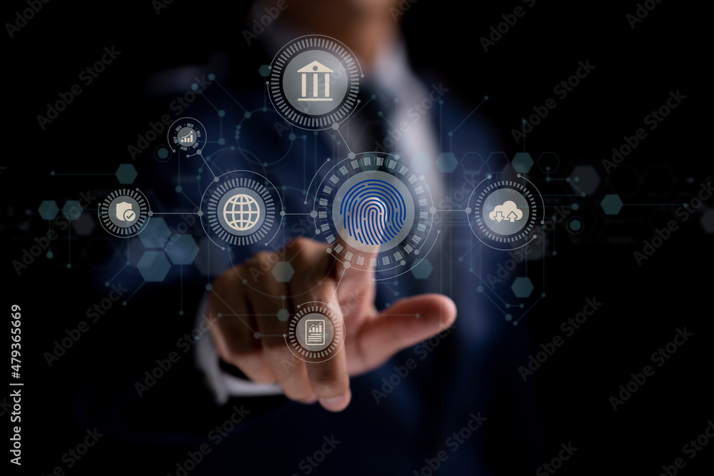 Leinwandbilder Man uses thumb to scan fingerprint or for digital processing biometric identification to access to the security system, which includes internet banking, cloud computing. Cybersecurity concept.