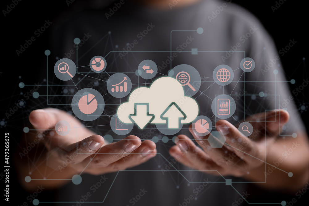 Poster Chart and graph icons on a digital screen interface and a businessman in the background, big data analytics and business intelligence concept.