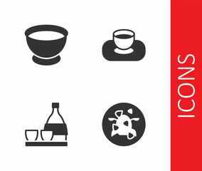 Set Kung Pao chicken, Soy sauce in bowl, Bottle of sake and icon. Vector