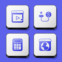 Set Video advertising, Human and money, Calculator and Worldwide icon. White square button. Vector