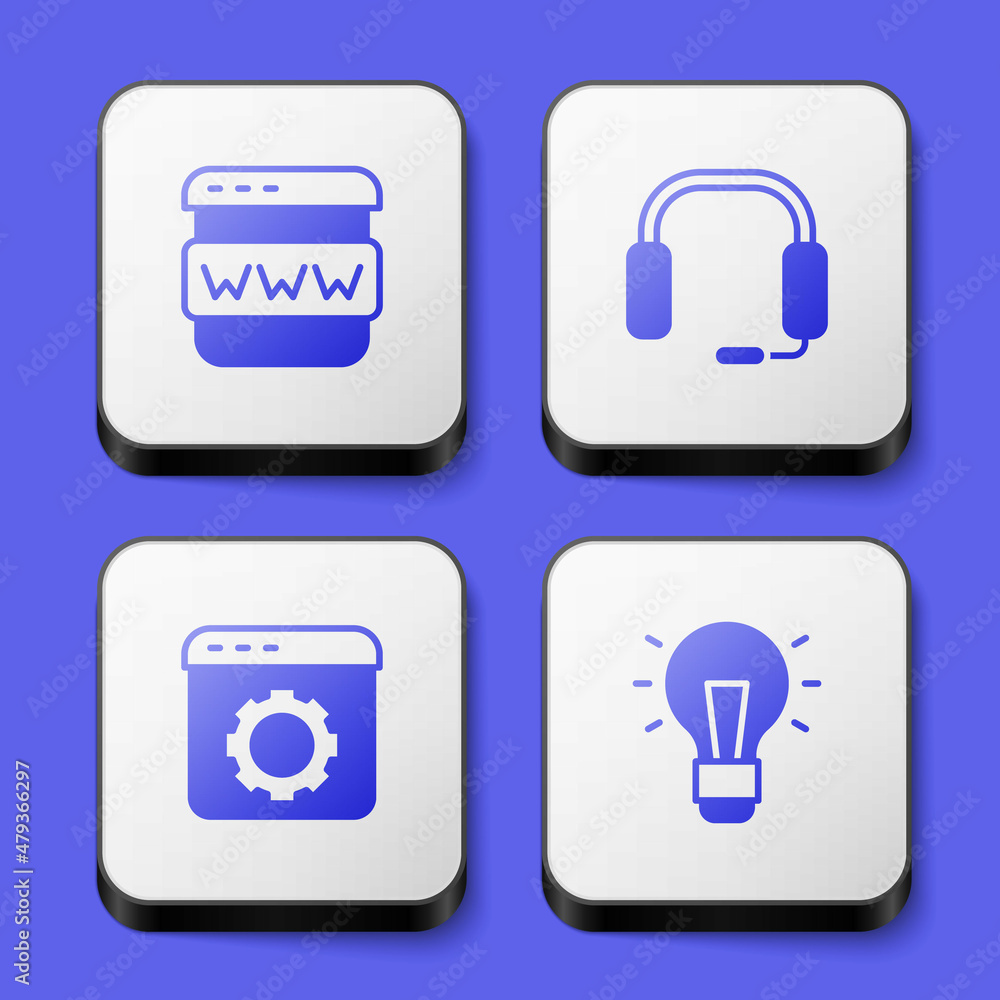 Poster set browser window, headphones, setting and light bulb icon. white square button. vector
