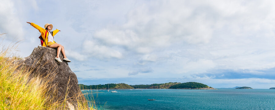 Panorama traveler woman on cliff joy fun nature view scenic landscape Krating Cape, Attraction adventure place tourist travel Phuket Thailand summer holiday vacation trip, Beautiful destination Asia