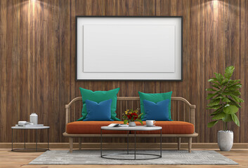 interior living lighting room wood wall with sofa. 3D render