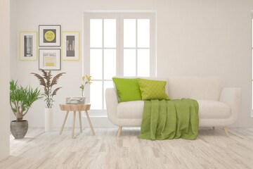 White living room with sofa. Scandinavian interior design. 3D illustration