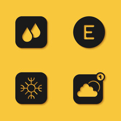 Set Water drop, Weather forecast app, Snowflake and Compass west icon with long shadow. Vector