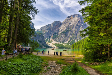 Fototapeta na wymiar Beautiful view of Lake Braies in the province of Bolzano, South Tyrol